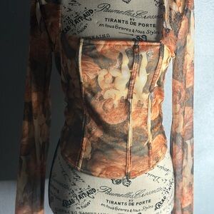 Forever 21 Cream and Brown Long Sleeve Bustier Blouse